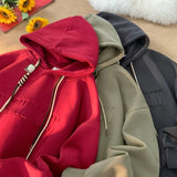 Embossed Letters Casual Hooded Sweatshirt Basic Colours Drawstring Cla
