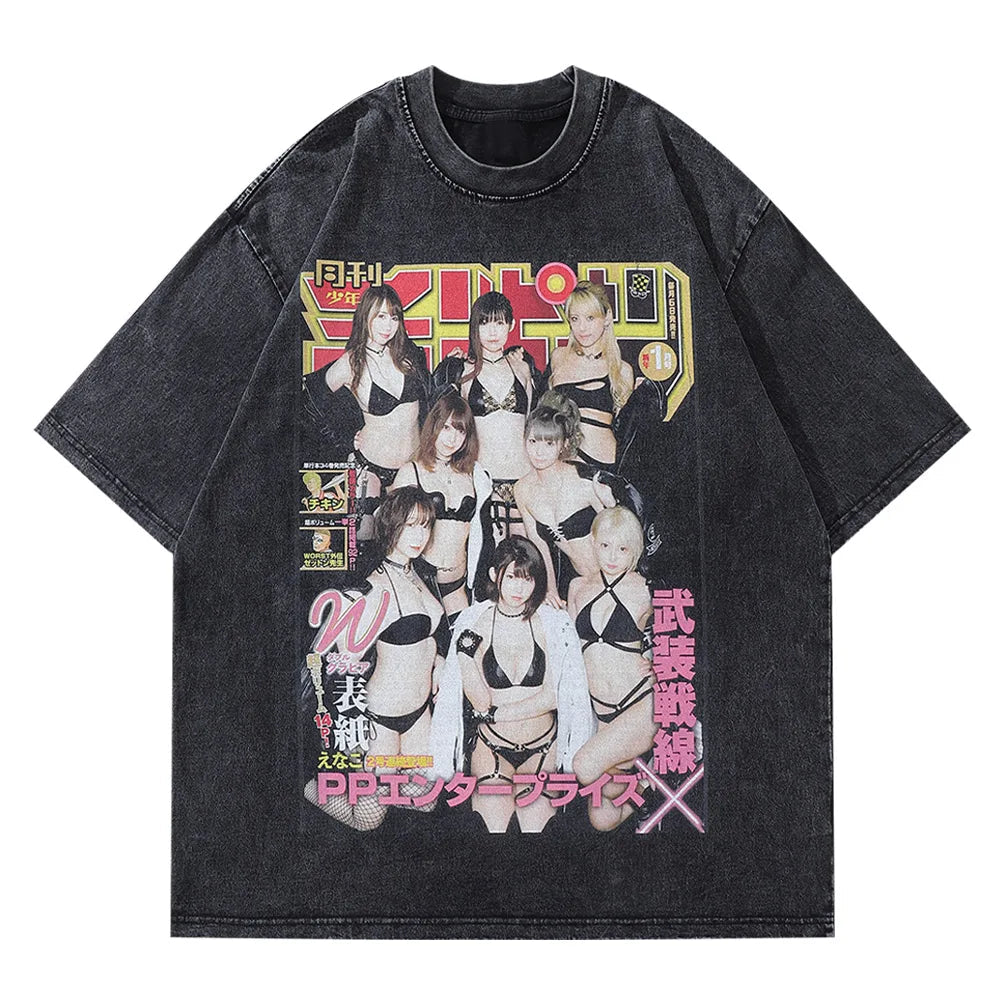 Glitchcore Graphic tee – Vintage Men Black Washed Tshirts Sexy Girls Graphic Print T