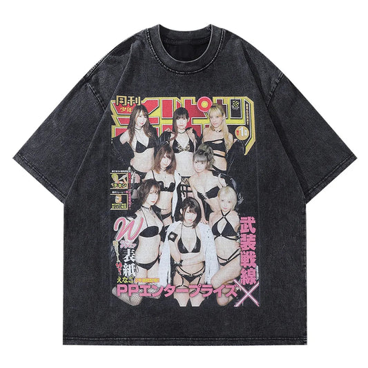 Glitchcore Graphic tee – Vintage Men Black Washed Tshirts Sexy Girls Graphic Print T