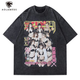 Glitchcore Graphic tee – Vintage Men Black Washed Tshirts Sexy Girls Graphic Print T