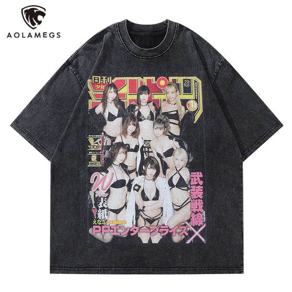 Glitchcore Graphic tee – Vintage Men Black Washed Tshirts Sexy Girls Graphic Print T
