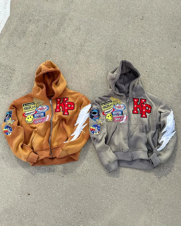 American Letter Print Lightning Embroidery Oversized Hoodie Women Y2K
