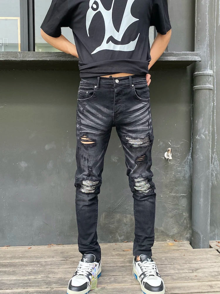 knee hole patckwork skinny denim jeans men slim biker trousers jeans fashion streetwear hip hop retro washed jean pants joggers unique joggers style 3357