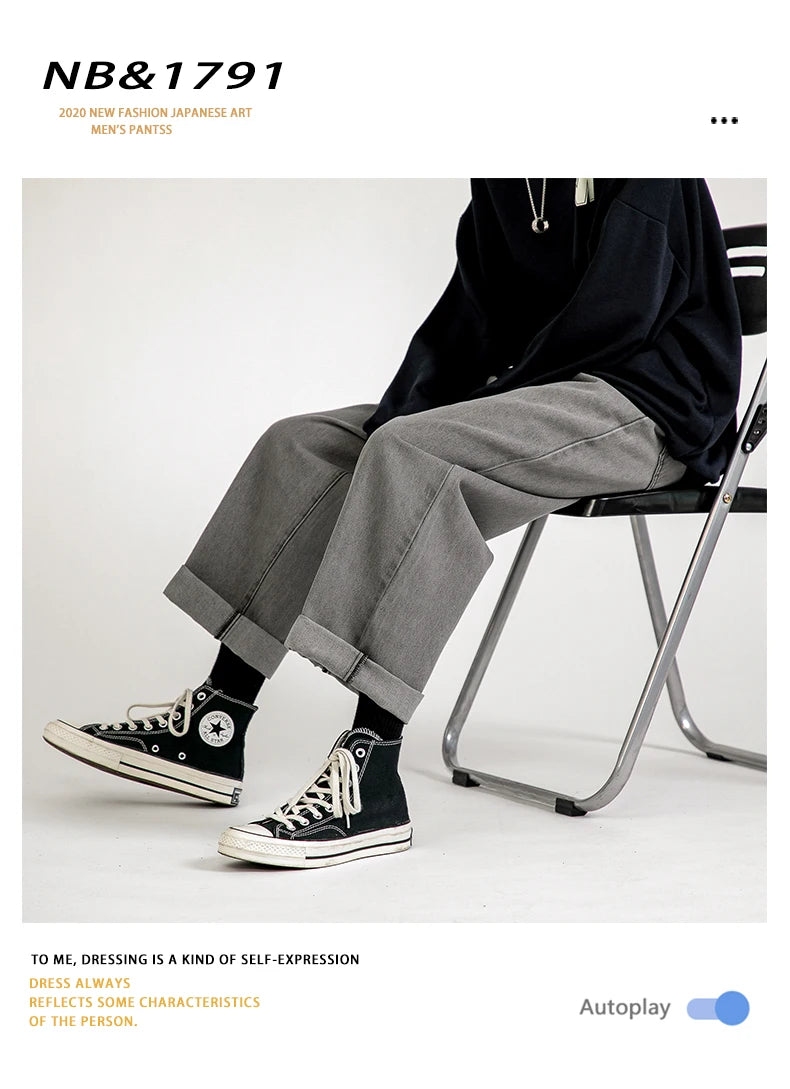 korean fashion mens baggy jeans classic all match solid color straight leg denim wide leg pants male light blue grey black unique jeans style 1122