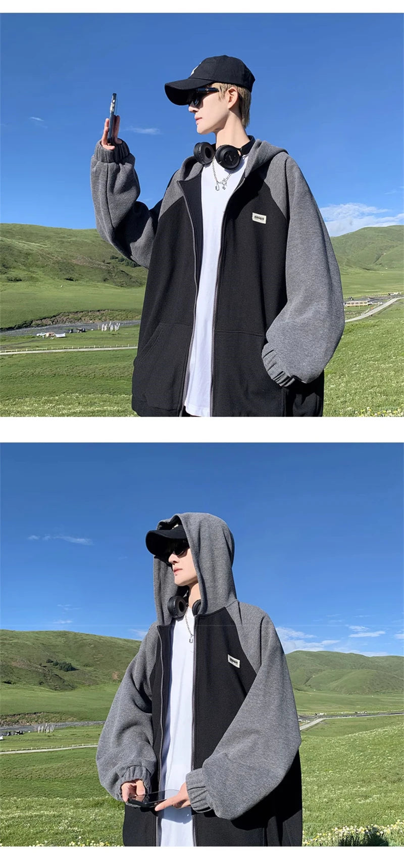 Grunge-style hoodie with distressed band logo print