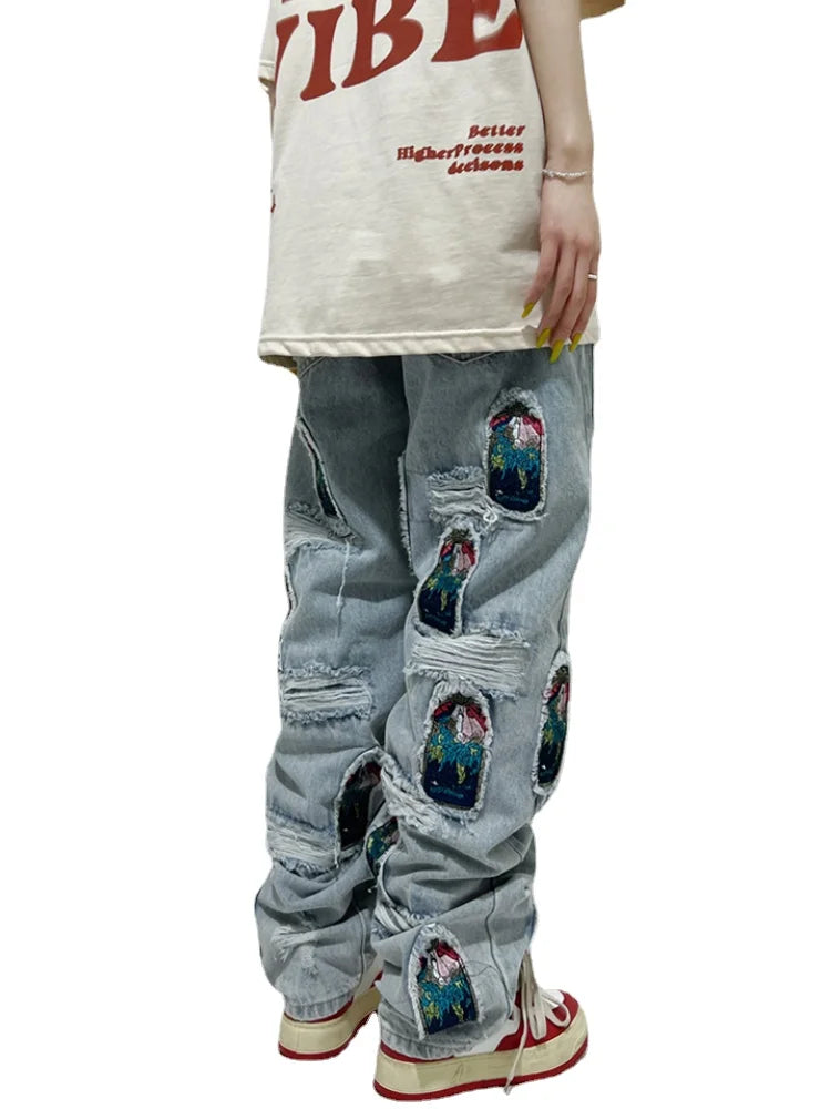 fashion ripped holes patchwork harajuku embroidery denim straight jean pants y2k trouser unisex hip hop streetwear jeans pants ripped baggy denim
