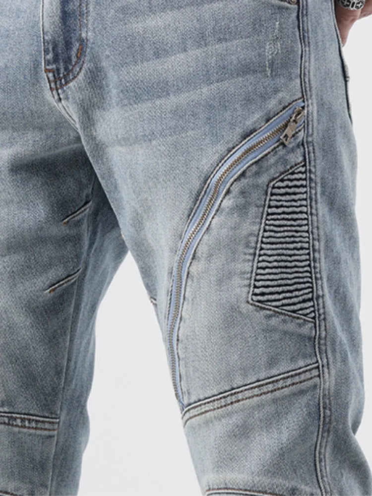 zipper hole patchwork pleated skinny denim jeans men casual slim fit biker trouser jeans fashion streetwear hip hop jean joggers unique joggers style 1782