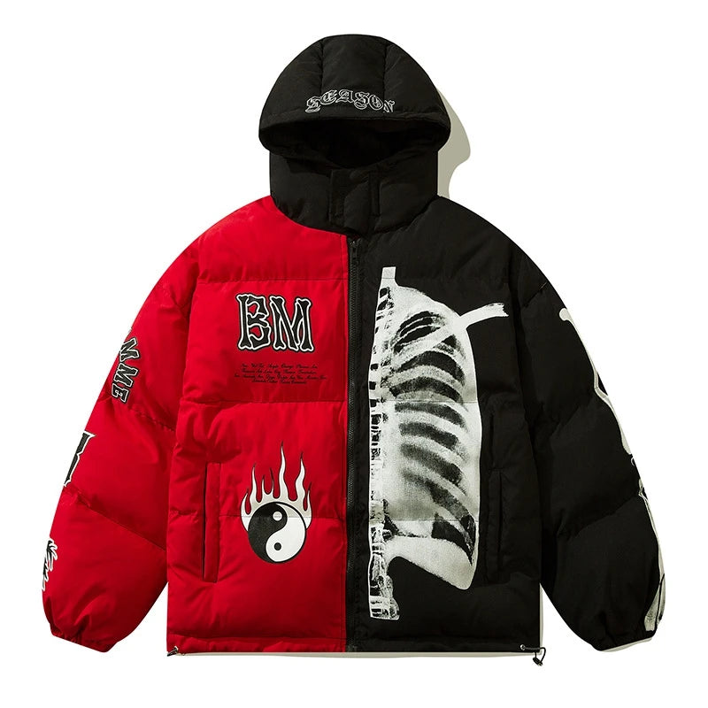 rainbowtouches mens winter parka jacket skeleton print streetwear outwear harajuku padded hooded loose warm coat unisex red f - variant style 1c7432 for streetwear fashion
