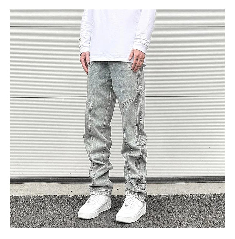 side long zipper open denim jeans mens elastic waist straight biker trousers jeans fashion streetwear hip hop jean pants joggers unique joggers style 2542
