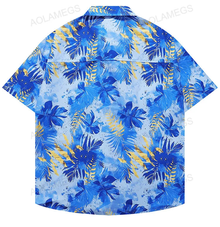 Men Shirts Hawaiian Vacation Loose Shirts Summer Refreshing Turn Down Collar Leaf Print Half Sleeve Shirt Versatile Daily Tops