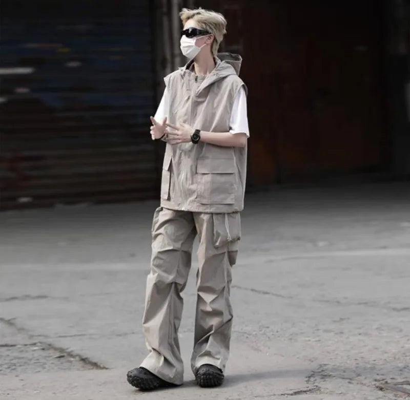 summer casual sleeveless set men hip hop loose hooded vest pockets straight leg cargo pants 2 piece outdoors sports camp suit unique cargo style 4408