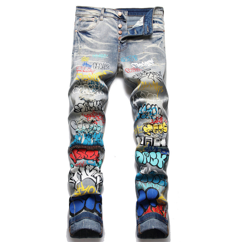 letter graffiti printed denim jeans pants mens punk bottons biker jeans streetwear slim fit hip hop new casual y2k pants joggers unique joggers style 4119