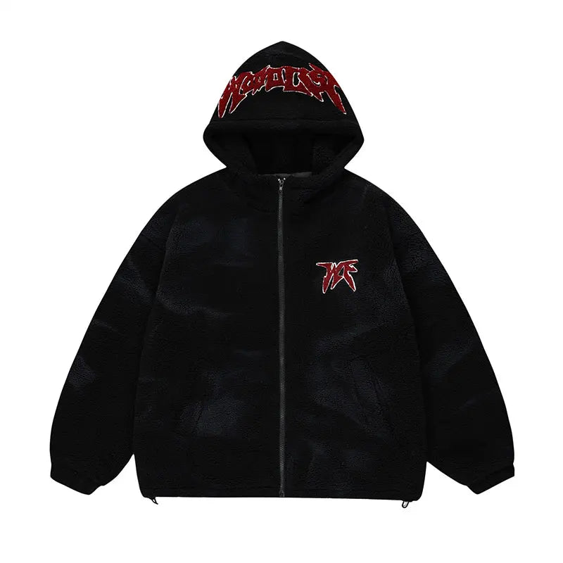 mens harajuku graffiti fleece jackets and coats letter embroidery hairy zipper outerwear warm streetwear parkas bomber jacket - variant style 144710 for streetwear fashion