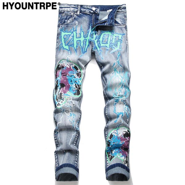 fashion skull graffiti jeans lightning printed denim pants mens distressed biker jeans streetwear slim hip hop pants joggers sporty tapered joggers