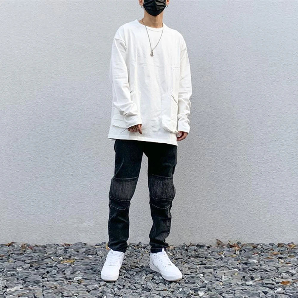 high street white knee pleated vertical stripe elastic fit skinny jeans male casual small leg jeans pants slim mens clothing ripped baggy denim