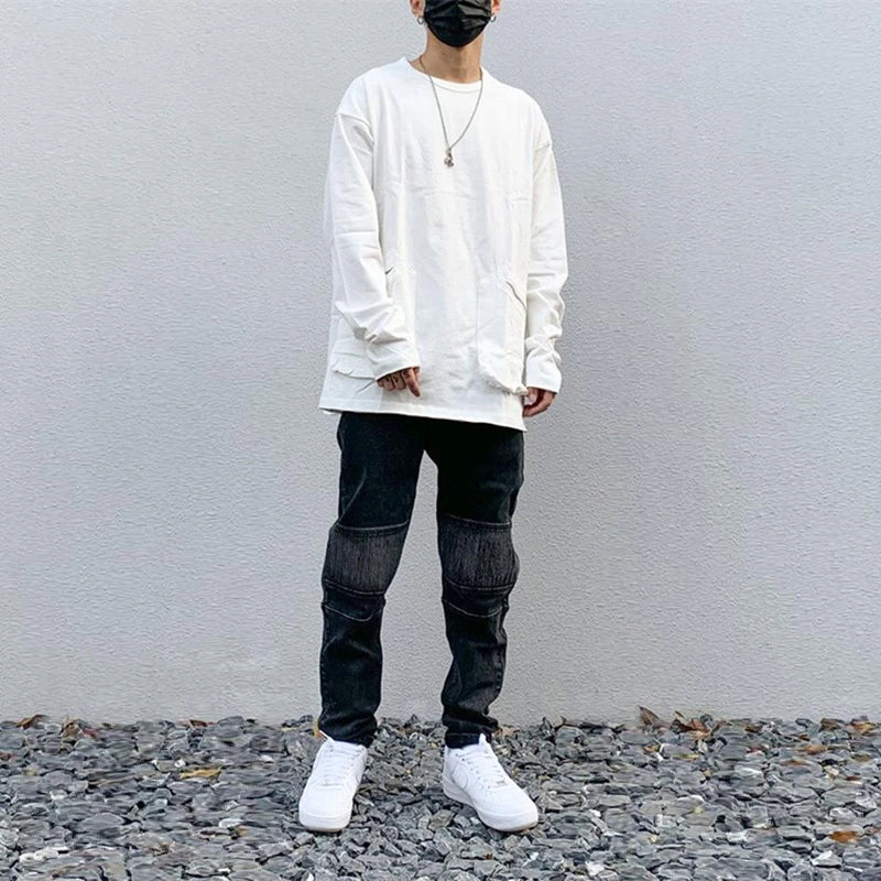 high street white knee pleated vertical stripe elastic fit skinny jeans male casual small leg jeans pants slim mens clothing ripped baggy denim