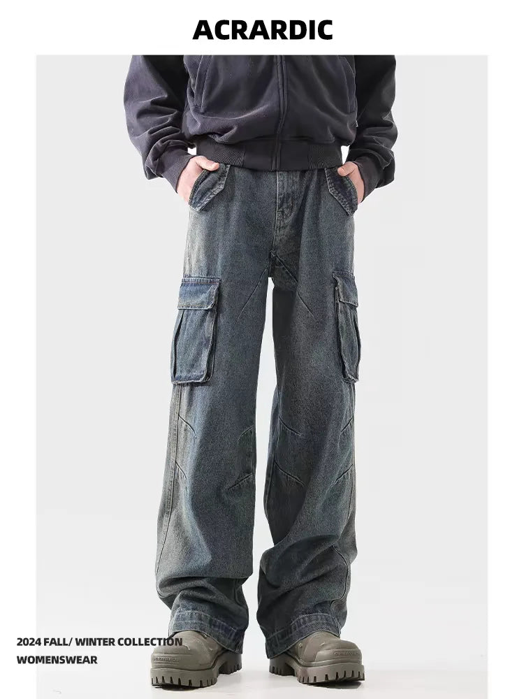 american spring and autumn street trendy personalized work clothes jeans for couples loose retro straight leg casual pants y2k unique jeans style 4981