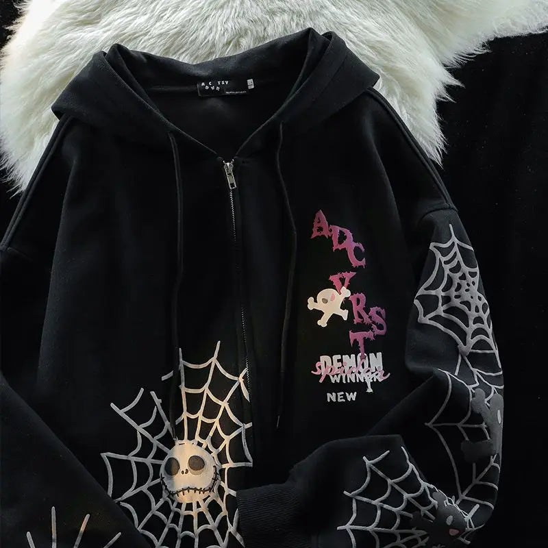 Spider Retro Ins Printed Cardigan Hooded Sweatshirt Plus Velvet Thickened Y2K Trendy Brand Couple Jacket