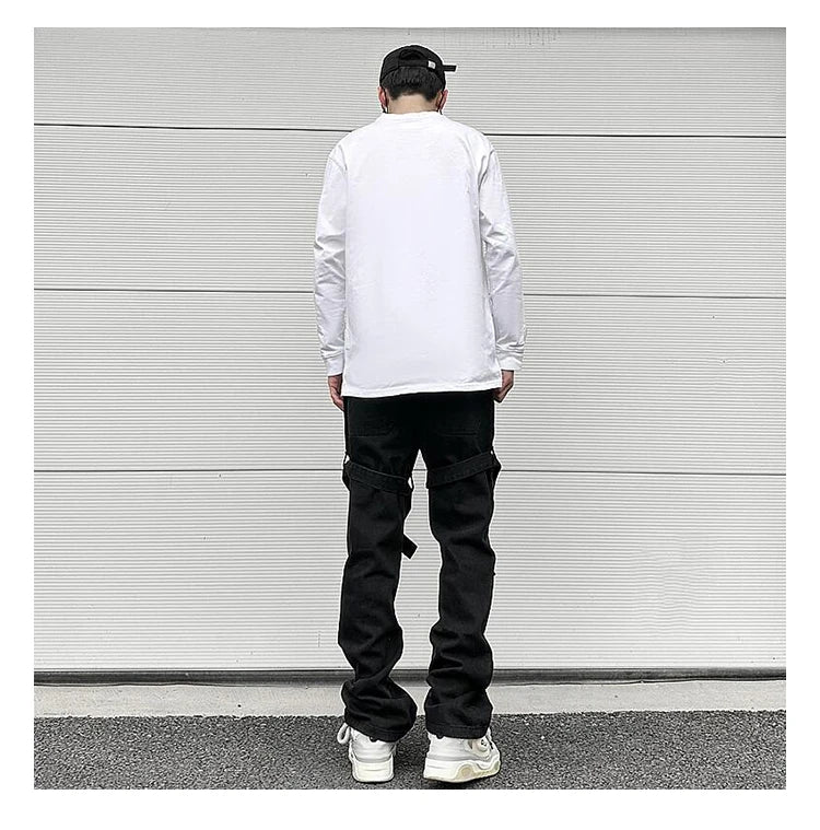 fashion knee adjust belt decoration denim jeans zipper straight jeans hip hop streetwear mens casual loose joggers jeans pants unique joggers style 2565