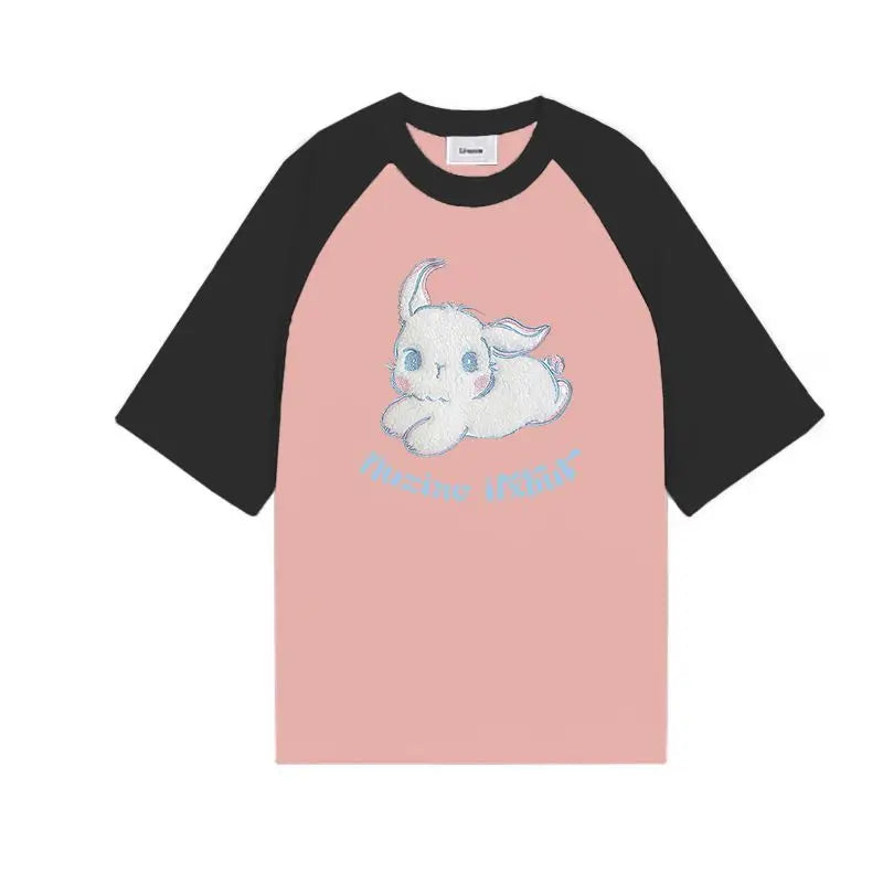 Skatercore Oversized shirt – American Flocking Cute Rabbit Pattern Short Sleeved T Shirt