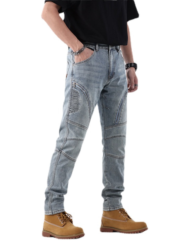 zipper hole patchwork pleated skinny denim jeans men casual slim fit biker trouser jeans fashion streetwear hip hop jean joggers unique joggers style 1788