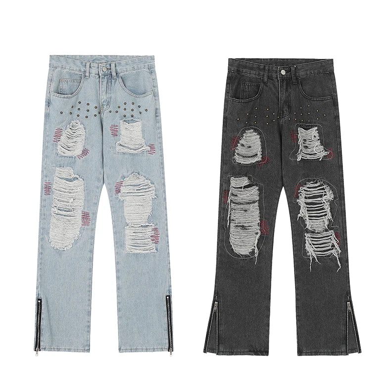 destroy ripped holes patchwork denim jeans men unisex casual rivet bottom zipper trousers jeans streetwear hip hop pants joggers unique joggers style 3643