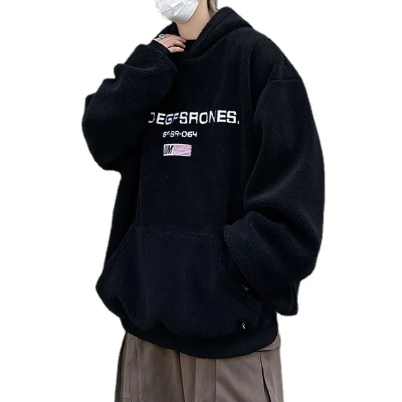 anime crying character featuring mens fleece hoodies casual letter embroidery hairy oversize harajuku hooded tops hip hop skateboard warm streetwear pullovers
