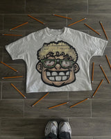 y2k flame distortion tee with floating panel lines and neon blur