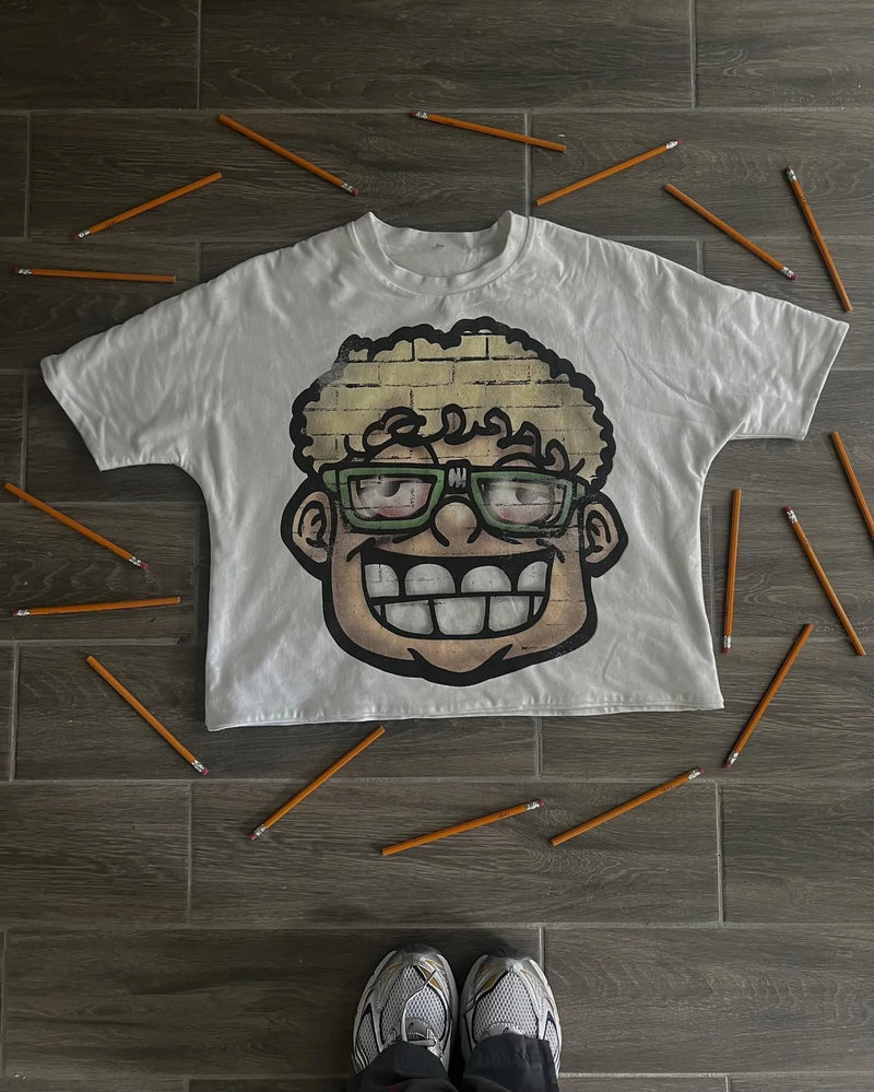 y2k flame distortion tee with floating panel lines and neon blur