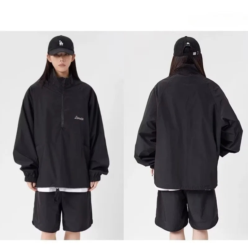 quick drying two piece set men loose casual street sweatshirt shorts y2k stand collar casual loose lightweight suits american techwear shorts