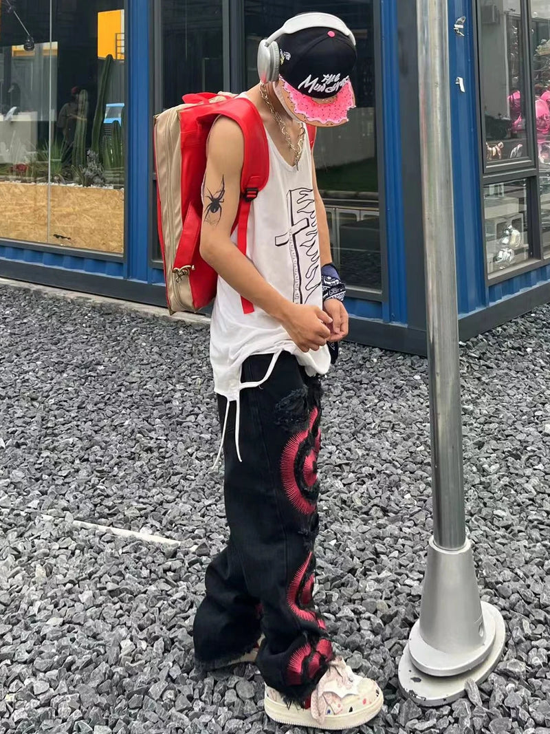 fashion ripped holes denim jeans harajuku embroidery straight jean trousers y2k trouser unisex hip hop streetwear jeans pants unique jeans style 2287