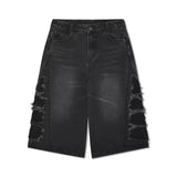 mens hip hop washed denim shorts broken hole folds burr edge street punk cowboy middle pants pockets bomber quarter pants y2k unique jeans style 4923
