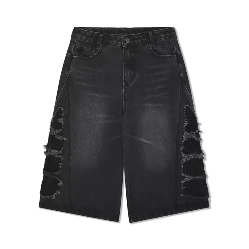 mens hip hop washed denim shorts broken hole folds burr edge street punk cowboy middle pants pockets bomber quarter pants y2k unique jeans style 4923