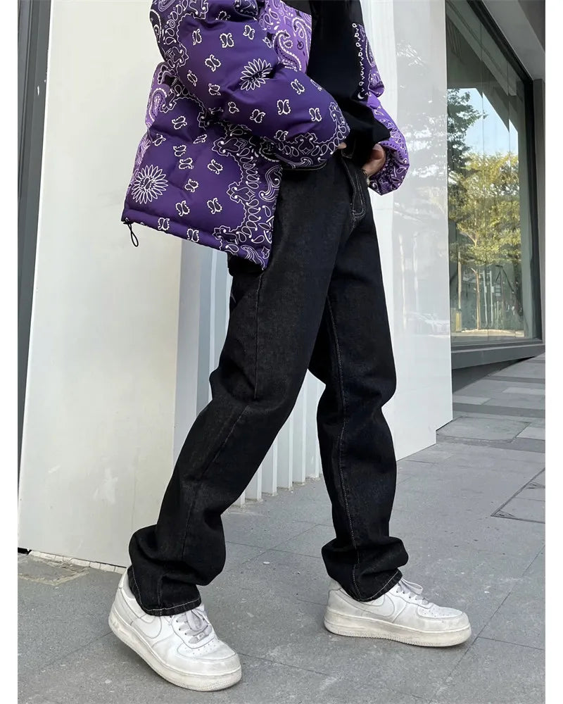 y2k retro sanskrit black jeans street casual pants punk male hip hop print loose harajuku mens straight pants ins hot sale unique jeans style 4762