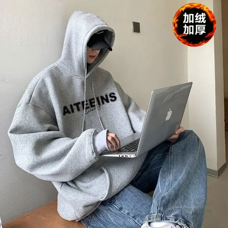 Burgundy Hooded Sweatshirt For Men 2024 Autumn And Winter New Tops Hea