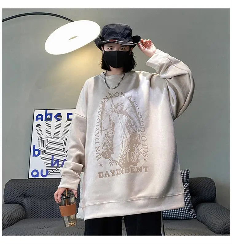 Autumn Korean Personality Street Boys Unisex Round Neck Sweatshirt Trendy American Couple Suede Long-sleeved Shirt Top