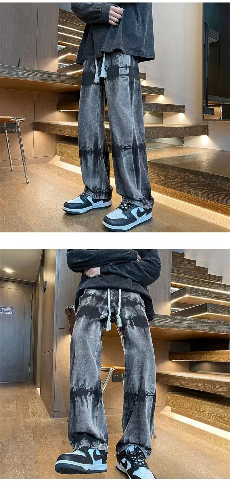 2025 new tie dye retro drawstring jeans for men baggy high street straight pants hip hop fashion casual y2k jean hombre pantalon unique jeans style 859