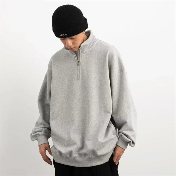 2024 New Half Zipper Design Sweatshirts For Men Autumn Y2K Vintage Stand Collar Pullover Hoodies Korean Fashion Casual