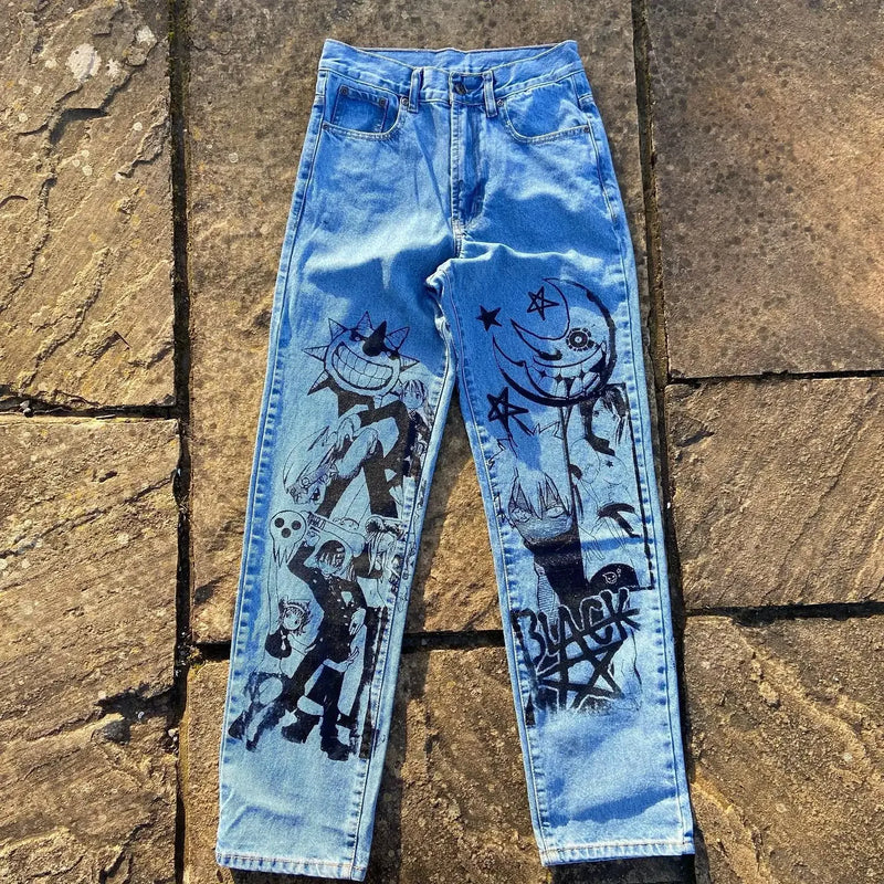harajuku popular anime kokushibo print baggy jeans new style wide leg trouser y2k streetwear for men women high waist pants unique jeans style 4333