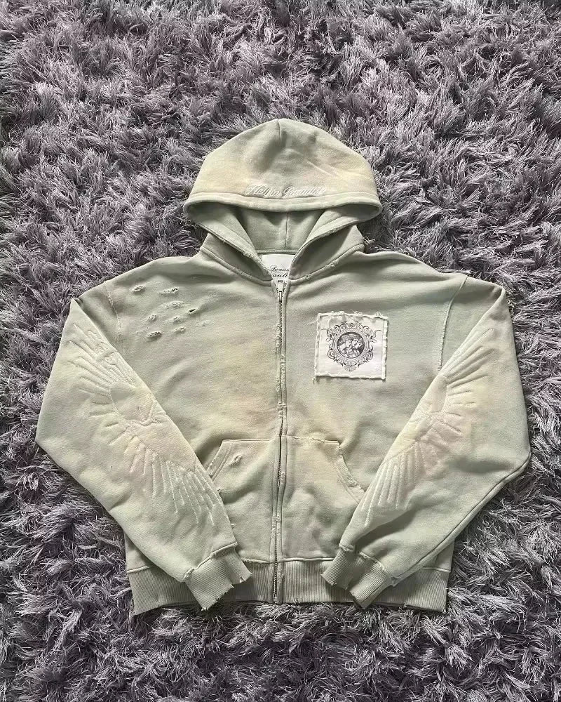 American Fashion Trend Joker Fleece Padded Zipper Hoodie Men Street Y2