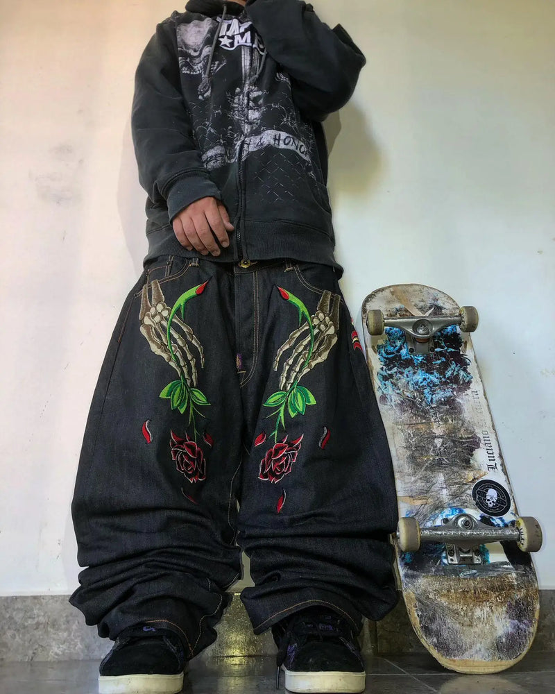 goth hip hop oversized skull embroidery pattern y2k baggy jeans new men and women straight black jeans retro casual denim pants ripped baggy denim