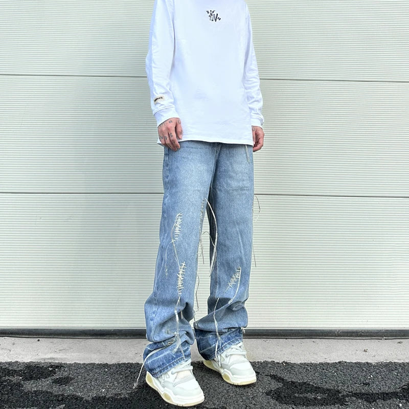 fashion loose streetwear denim jeans new casual wide legs straight jean pants hip hop tassel joggers baggy jeans men clothing unique joggers style 421