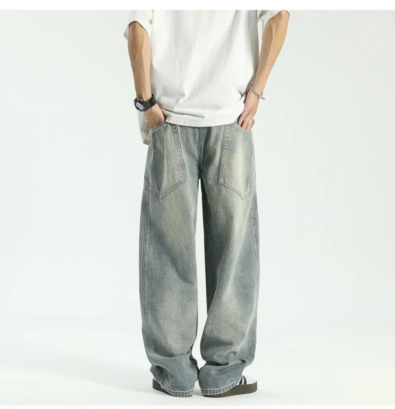 new vintage men s patchwork baggy jeans draped straight leg denim trousers autumn korean fashion high street casual y2k jean unique jeans style 543