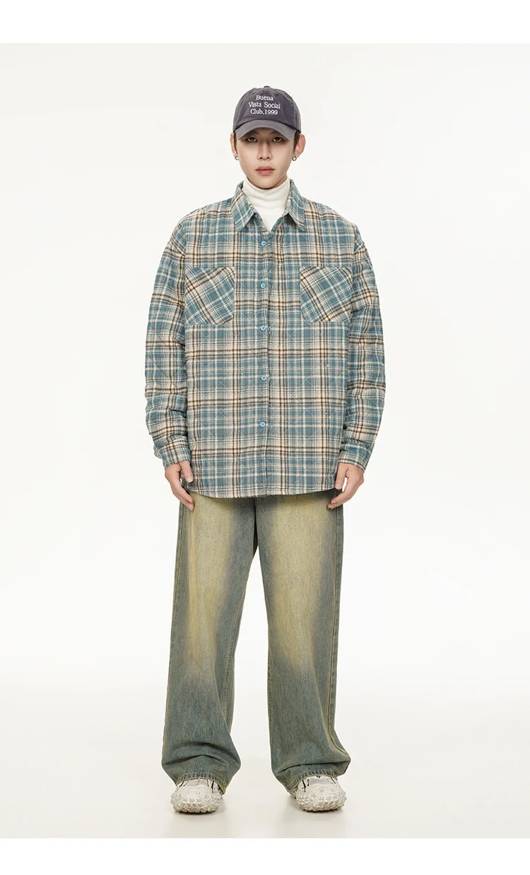 Autumn Winter Men Streetwear Fashion Loose Casual Oversize Plaid Cotton-padded Shirt Style Parkas Jacket Campus Couple Coat