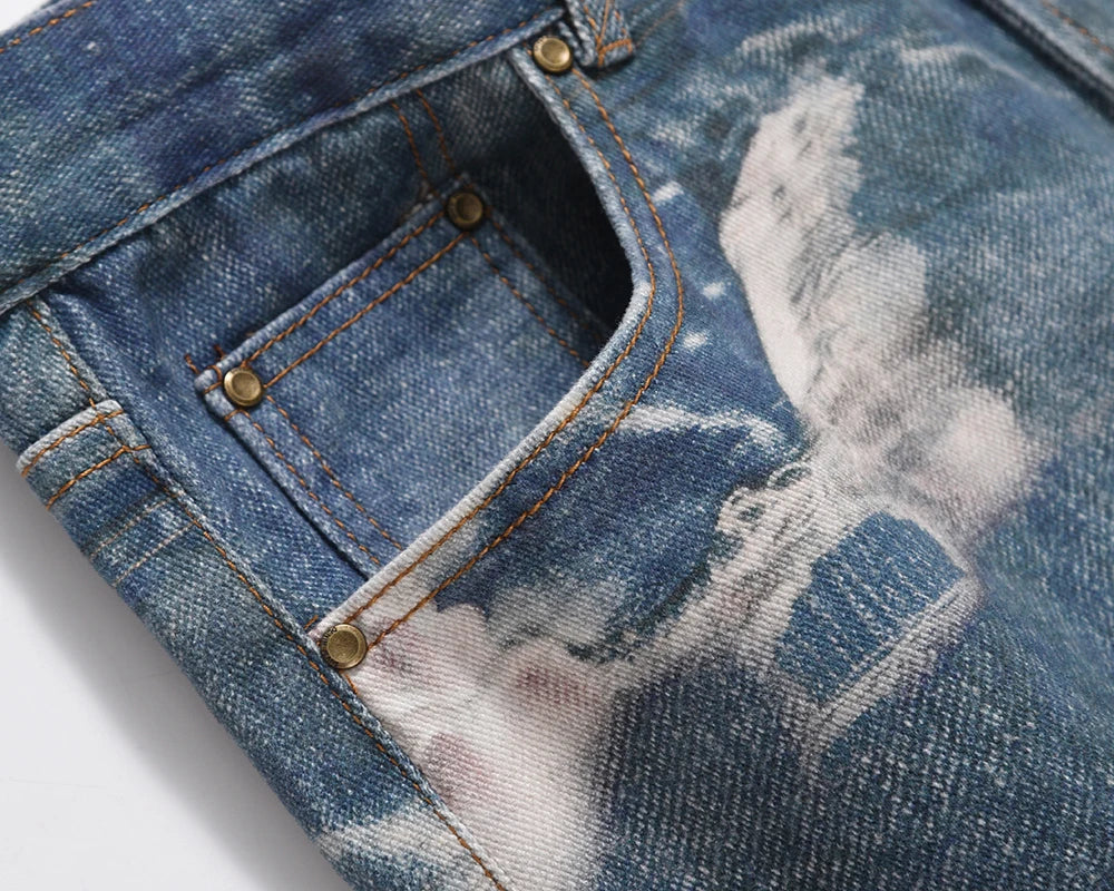 y2k hip hop laser printed hole casual loose jeans pants for men and women straight patchwork oversized baggy denim trousers unique jeans style 5575