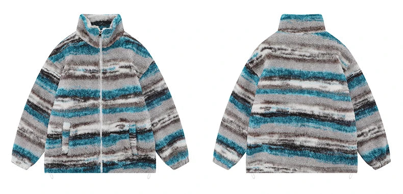 Trapwear Streetwear – Mens Casual Striped Fleece Jackets Coats New Hairy Stand – Streetwear Fashion for Men & Women