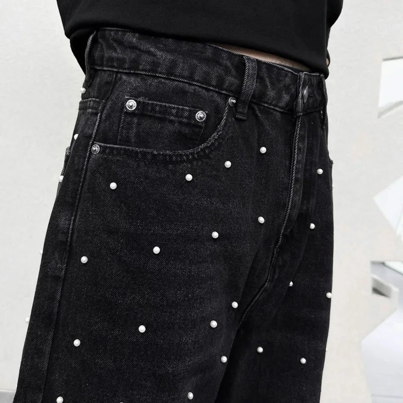 men bead streetwear fashion hip hop vibe loose casual wide leg straight denim jeans baggy pant man boyfriend jeans trousers unique jeans style 2991