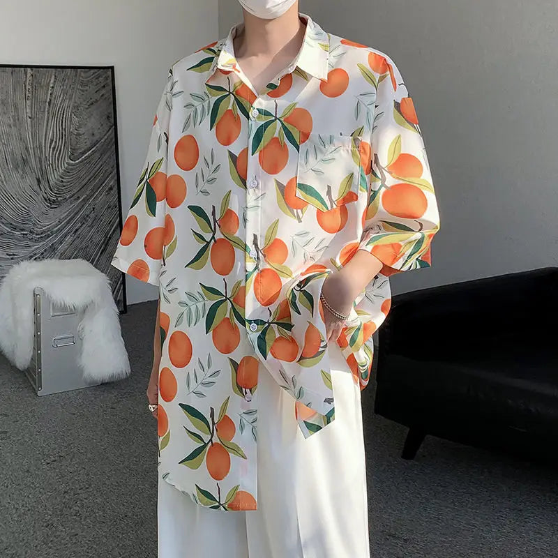 Gothic Streetwear – Orange Cute Fruit Peaches Full Print Shirts Loose Half Sleev – Modern Streetwear for Everyone