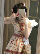 Summer Red Lolita Kawaii Dress Women Bow Sweet Princess Party Mini Dress Female Patchwork Korean Fashion Cherry Cute Dress 2023