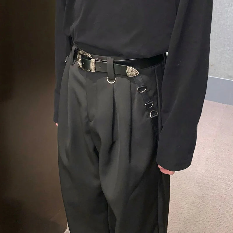 mens casual suit trousers buckle decoration british straight pants streetwear fashion niche commuter pants mens clothing 2024 relaxed fit trousers